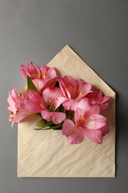 Alstroemeria rose en enveloppe sur fond gris