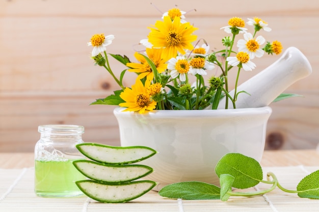 Alternative santé soins des herbes fraîches et mortier sur fond de bois.