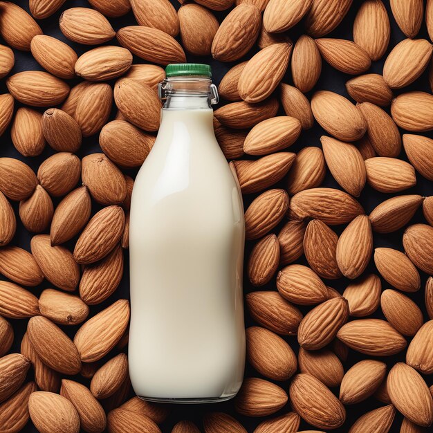 amande dans une bouteille de verre et un verre de lait sur fond brunamande dans une Bouteille de vitre et un verre d'amande