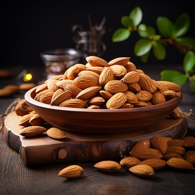 Des amandes abondantes sur une planche de bois