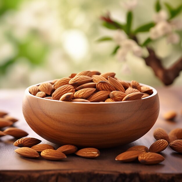 Amandes californiennes dans un bol en bois