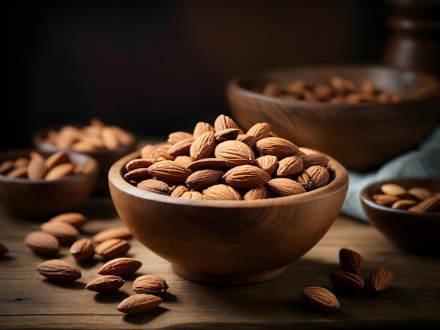 Des amandes dans un bol en bois