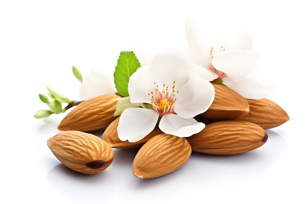 Des amandes et des fleurs vibrantes sur un fond blanc Une image de stock captivante pour divers