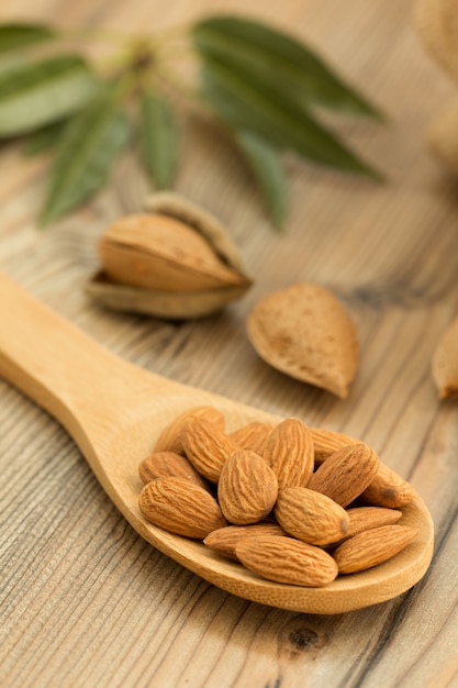 Amandes sur fond en bois marron