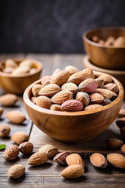 Amandes fraîches dans un bol en bois