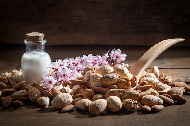 Amandes, lait d'amandes et fleurs d'amandiers