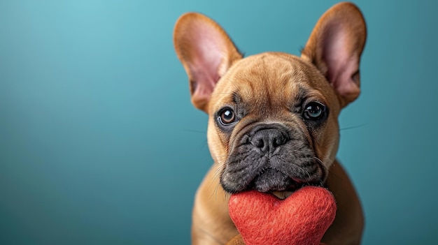 L'amant mignon Valentine Bulldog français chiot allongé avec un cœur rouge isolé sur un fond bleu