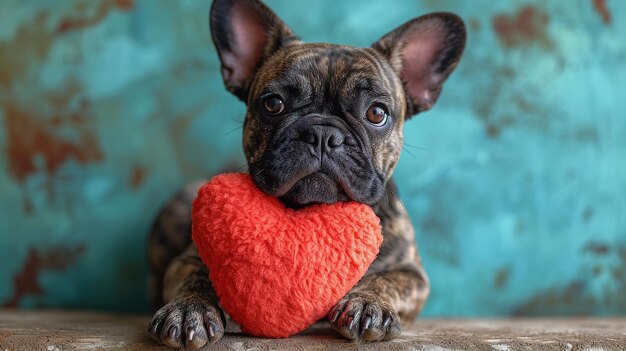 L'amant mignon Valentine Bulldog français chiot allongé avec un cœur rouge isolé sur un fond bleu