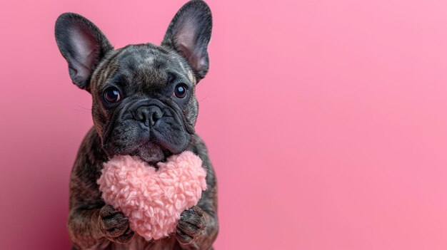 Photo l'amant mignon valentine bulldog français chiot allongé avec un cœur rouge isolé sur un fond rose