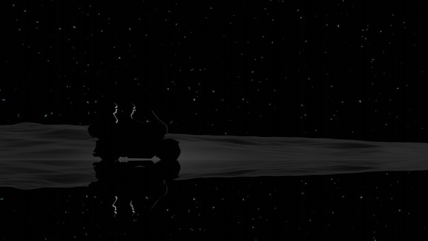 Un amant sur une silhouette de moto roule le long du lac salé avec son reflet de nuit étoilée