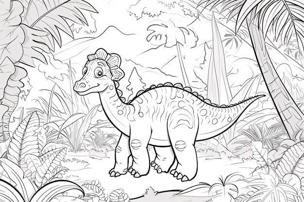 Amargasaurus Dinosaur Noir et blanc Doodles linéaires Art de ligne Page de coloriage Pour les enfants Livre de coloriage