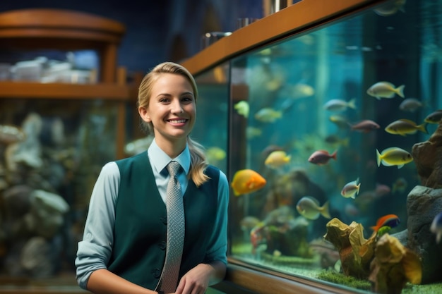 Amateur d'aquariums Au magasin d'aquariums, une femme passionnée rayonne de chaleur et aide les clients avec son approche amicale et sa passion pour la vie marine.