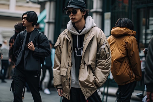 Amateur de streetwear présentant ses pièces préférées dans la rue créées avec une IA générative