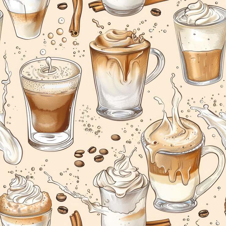 Les amateurs de café se réjouissent d'un modèle homogène de boissons au café crémeux avec de la crème fouettée et de la cannelle AI