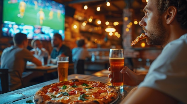 Les amateurs de pizza grignotent en regardant le football à la télévision dans un restaurant Generative Ai