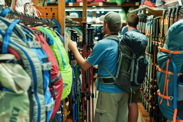 Des amateurs de plein air examinent des bâtons de randonnée durables et des sacs à dos exposés sur des étagères remplies de camping