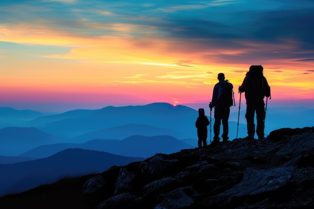 Des amateurs de plein air en famille en randonnée dans la silhouette de la montagne