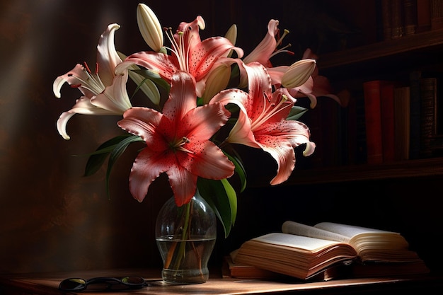 L'ambiance animée est améliorée par un éclairage spectaculaire dans une photo d'un bouquet de lys.