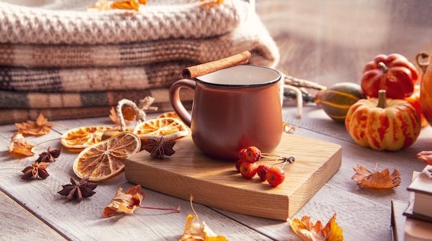 Ambiance d'automne atmosphère d'automne Une tasse de café citrouilles couvertures chaudes tricotées livres feuilles d'automne sur le rebord de la fenêtre