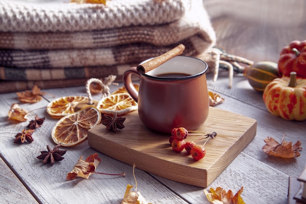 Ambiance d'automne atmosphère d'automne Une tasse de café citrouilles couvertures chaudes tricotées livres feuilles d'automne sur le rebord de la fenêtre