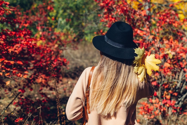 Ambiance d'automne. Jeune femme marchant dans la forêt d'automne parmi les feuilles rouges. Le voyageur admire la nature