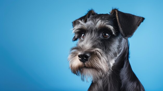 Ambiance bleue Un chiot de schnauzer d'un an vole le spectacle sur un fond bleu serein