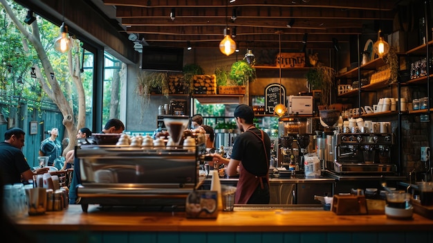 L'ambiance d'un café animé avec des clients et des baristas resplendissants