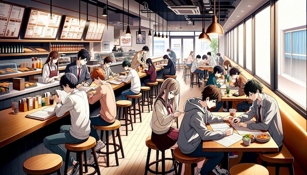 ambiance de café remplie d'adolescents traînant une illustration de style anime