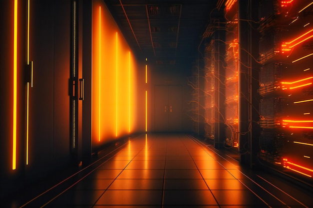 L'ambiance chaleureuse et ambrée d'un couloir de centre de données met l'accent sur les serveurs en rack et les superordinateurs projetant des visualisations de connexion Internet complexes