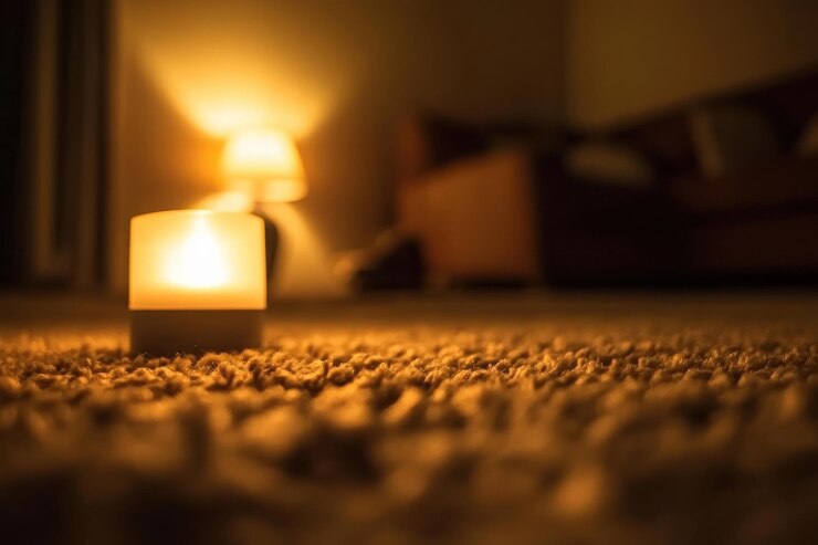 Photo ambiance confortable du salon avec la lumière des bougies du tapis et l'effet de flou doux capturant une atmosphère résidentielle chaleureuse parfaite pour les thèmes de décoration de la maison