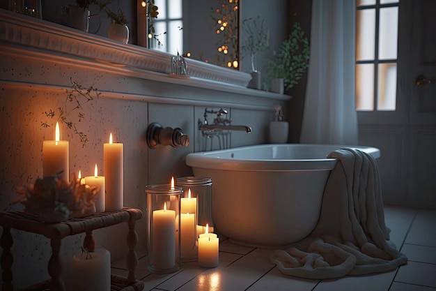 Ambiance douce et romantique à l'intérieur de la salle de bain par ai générative aux chandelles