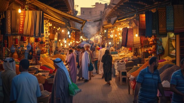 L'ambiance du coucher de soleil dans un marché traditionnel marocain resplendissante