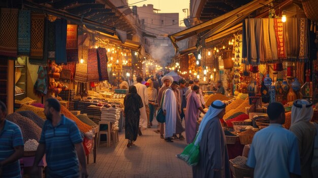 L'ambiance du coucher de soleil dans un marché traditionnel marocain resplendissante