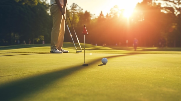 Ambiance ensoleillée avec l'ombre d'un golfeur qui s'étend sur le parcours accentuant l'élégance