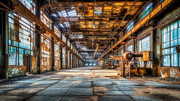 L'ambiance étrange d'une usine abandonnée mettant en valeur l'intérieur grunge et l'architecture en décomposition dans une atmosphère sombre