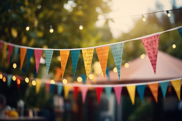 Ambiance de fête en plein air tons vintage drapeaux triangulaires colorés dans le flou