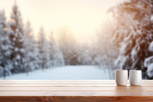 Ambiance hivernale confortable sur une table en bois blanche générée par l'IA