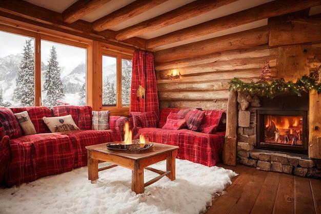 Ambiance de Noël dans le salon avec canapé rouge confortable