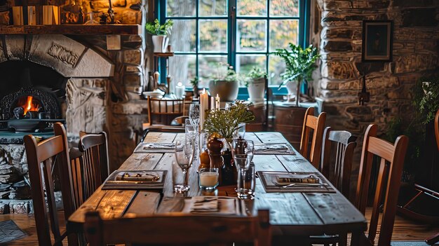 Photo l'ambiance de la salle à manger du stone cottagecore