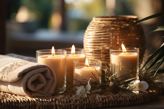 Ambiance spa accueillante avec serviettes douces et feuilles vertes