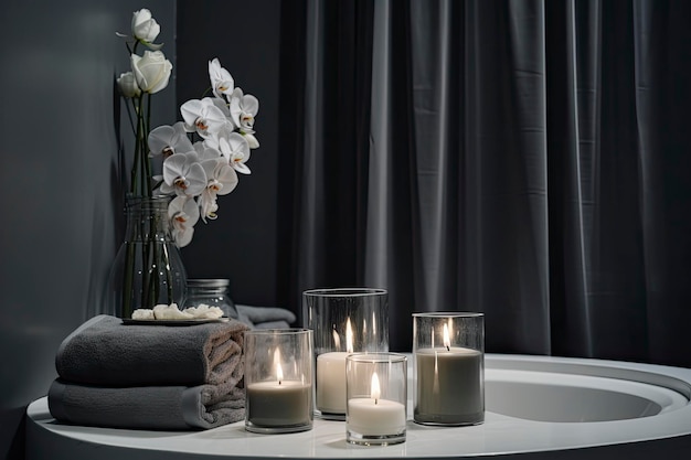 Ambiance spa relaxante avec des bougies, des fleurs et des serviettes Generative ai