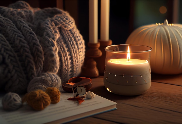 L'ambiance des vacances d'hiver avec des bougies, un pull tricoté et un livre. IA générative