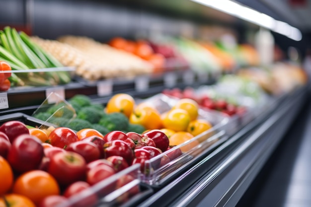 Ambiance vibrante et surréaliste de l'intérieur d'une épicerie avec des éléments floues et floues