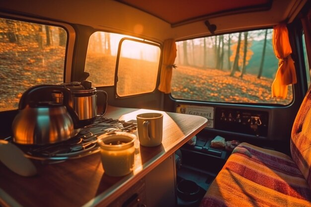 Photo ambiance wanderlust commencer la journée avec un café dans un camping-car