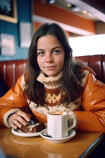 Photo ambiances rétro fantaisistes une adolescente néerlandaise excentrique dans un dîner au sommet d'une montagne des années 70