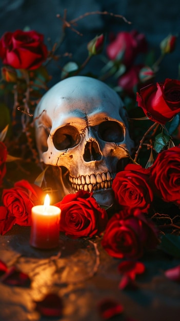 Photo ambivalence romantique roses rouges et crâne avec toile de fond aux chandelles fond d'écran mobile vertical
