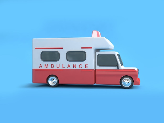 ambulance blanche rouge rendu 3D style dessin animé fond bleu