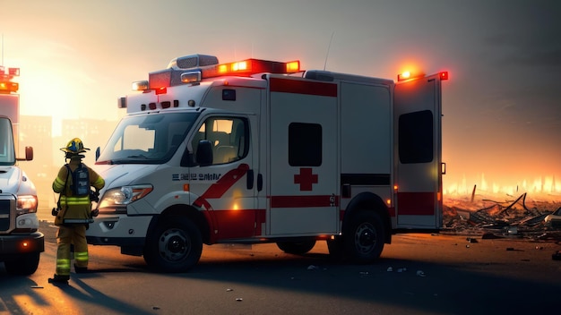 Une ambulance de la croix rouge est garée devant un coucher de soleil.