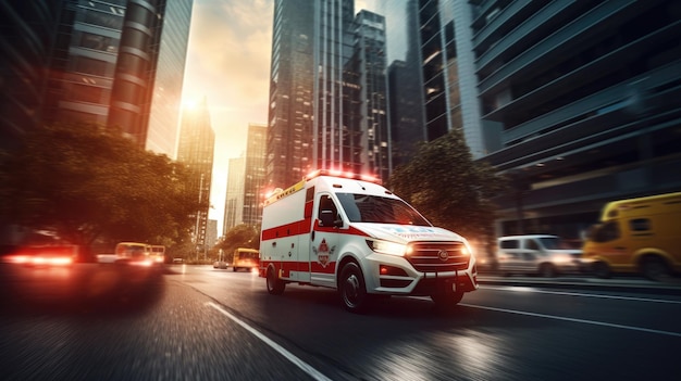 Une ambulance d'urgence médicale conduisant pendant un embouteillage sur la route de la ville à l'heure de pointe