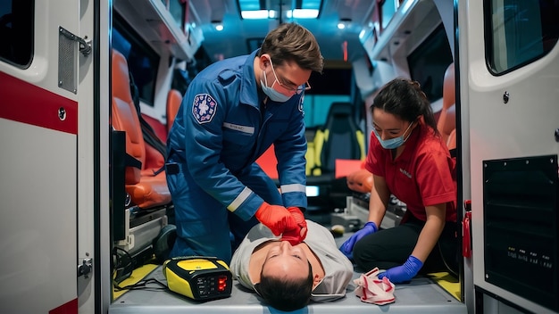 Photo un ambulancier utilisant un défibrillateur a aidé à effectuer une réanimation cardiopulmonaire de base.